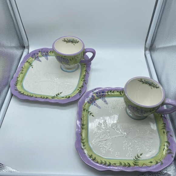 Wisteria Collection Snack 2 Set Plate and Cup w Embossed Bluebird Home Interior - Picture 1 of 10